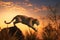 Leopard on the hunt in a jump on the day of Africa in nature against the backdrop of the rising sun. AI generated.