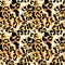 Leopard or jaguar coat seamless pattern with black rossetes on brown background. Exotic wild animal skin print