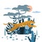 Leopard jumping, cute, background plants and tree, graphic trend style, animal predator mammal, jungle. Vector