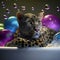 a leopard laying in a bathtub surrounded by balloons and water droplets on a black background with a green, purple, and blue hued