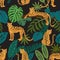 Leopard pattern with tropical leaves. Vector seamless texture.