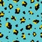 Leopard print seamless pattern, colorful teal and yellow background for wild safari animal themed design