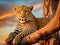 Leopard resting on a tree branch at sunset in the African savannah.