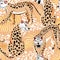 Leopard seamless pattern. Safari style. Composition with different leopards, palm leaves and leopard dots.