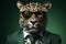 Leopard with sunglasses wearing suit and tie on solid green background. Generative AI