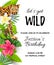 Leopard with tropical leaves, flowers, wild party invitation