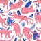 Leopards, tigers and plants seamless pattern. African wildlife and exotic predators. Tropical jungle leaves. Color