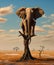 lephant in the sunset. Lonely elephant on tree.