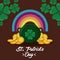 Leprechaun cauldron with rainbow and coins of st patrick day