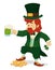 Leprechaun Celebrating St. Patrick\'s Day with Beer and Gold Coins, Vector Illustration