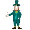 Leprechaun. An elf wearing a hat tosses a coin with a clover emblem. A magical character in emerald-colored clothing. 