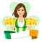 Leprechaun girl with beer mugs and irish ribbon, St. Patrick\'s Day concept