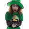 Leprechaun girl with a gold treasure in her Hands, isolated on w