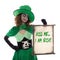 Leprechaun girl holding a scoll with text Kiss me i am irish, is