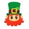 Leprechaun in green hat face. Head with Red beard. Portrait for St. Patricks Day celebration in Ireland.