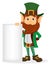 Leprechaun with green hat holding blank placard