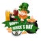 Leprechaun in a green hat. Three kinds of beer. Pot with coins. Two leaves of clover. Horseshoes. An inscription for St