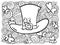 Leprechaun hat with clover shamrocks and ornate spirals and waves, meditative coloring page for St. Patrick\\\'s Day