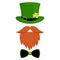 A leprechaun hat decorated with shamrock clover, mustache, beard, and bow tie.