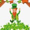 Leprechaun jumping with clovers and garlands