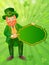 Leprechaun man holding blank frame on shamrock leaves decorated rays background for St. Patrick`s Day celebration.