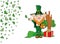 Leprechaun man with a pot of gold coins and a gift in the rain of shamrocks. Happy St. Patricks Day celebration.