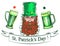 Leprechaun with a pint of beer, St. Patrick`s Day vintage ribbon congratulation, color engraving