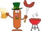 Leprechaun Sausage Cartoon Character Holding A Beer And Weenie Next To BBQ