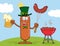 Leprechaun Sausage Cartoon Character Holding A Beer And Weenie Next To BBQ