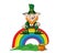 Leprechaun sitting on a rainbow. Happy St. Patricks Day celebration.