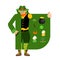 Leprechaun Smuggler selling Shamrock and holiday attributes. Cloak-seller holiday attributes. Dealer in hat and coat . Bootlegger