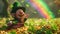 leprechaun surrounded by piles of gold in a field of four leaf clovers Rainbow abound. Generative AI