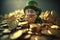Leprekon in a heap of gold coins on St. Patrick\\\'s Day. Photorealistic Drawing Generated by AI