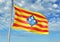 Lerida Province of Spain Flag waving with sky on background realistic 3d illustration