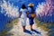 lesbian couple in love walking in the beach near the sea digital painting, white and indigo brush strokes