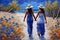 lesbian couple in love walking in the beach near the sea digital painting, white and indigo brush strokes