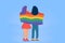 Lesbians covered with rainbow colored flag isolated on blue background