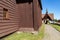 Lesno, Pomeranian Voivodeship / Poland - June 14, 2019: Old historic wooden church in a small village. Christian temple built of