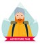 Let the adventure begin. Happy mountaineer in anticipation of adventure. Design element for poster, card. Vector