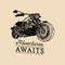 Let the adventures begin inspirational poster.Vector hand drawn motorcycle for MC sign,label. Vintage bike illustration.