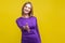 Let me introduce myself. Portrait of friendly woman giving hand to handshake, greeting guests with toothy smile. indoor studio