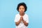 Let me please. Portrait of cute little boy holding hands in prayer gesture and asking permission, feeling guilty sorry