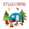 Let`s go camping Travel vector illustration - summer camping. Blue camping van with campfire, chairs and guitar. Forest adventure.