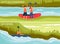 Let`s go canoeing and kayaking - flat poster set with cartoon people on river