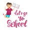 Let\'s go school. Happy cute boy character joyfully jumps up and holds school notebook with excellent marks