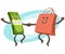 Let`s go shopping! Money character and shopping bag character dancing. Joyful meeting. Sweet couple jumps holding hands