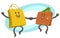 Let`s go shopping! Wallet character and shopping bag character dancing. Joyful meeting. Sweet couple jumps holding hands