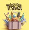 Let`s go travel vector banner design with famous world tourism attractions and travel destinations elements