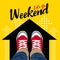 Let`s GO Weekend - Top view Wear Red Sneakers on black arrow and yellow background vector art design