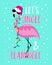 Let\\\'s jingle and flamingle - funny slogan with flamingo in Santa hat and Christmas lights garland.
